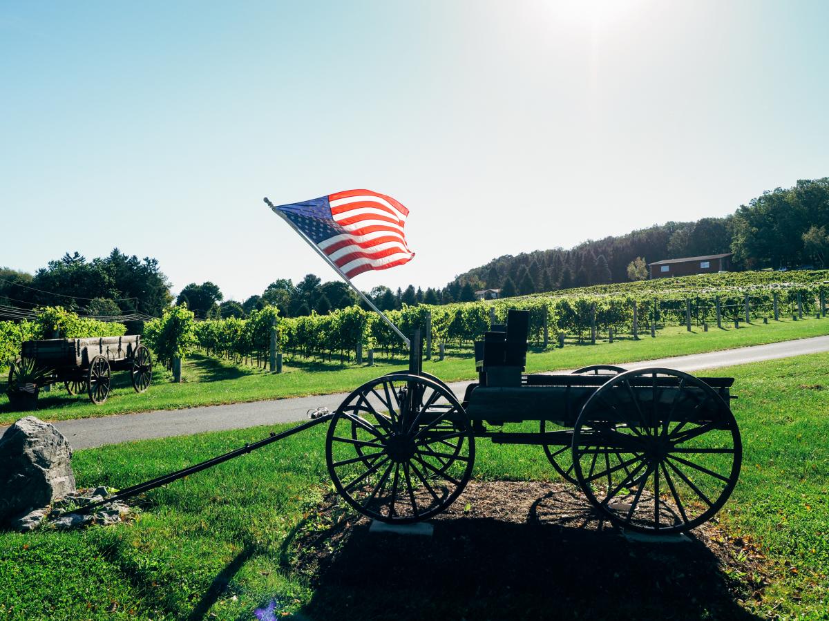 An American Flag flies at Clover Hill Winery in Breinigsville, PA
