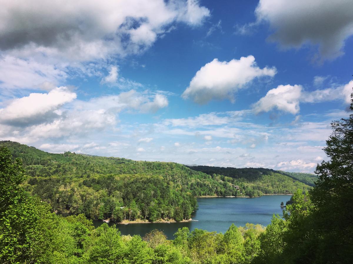 A scenic landscape view from an overlook looking out over a wide, calm lake. Dense, green-forested rolling hills rise from the water's edge under a blue sky filled with large, dramatic white clouds. Trees in the foreground frame the panoramic view.