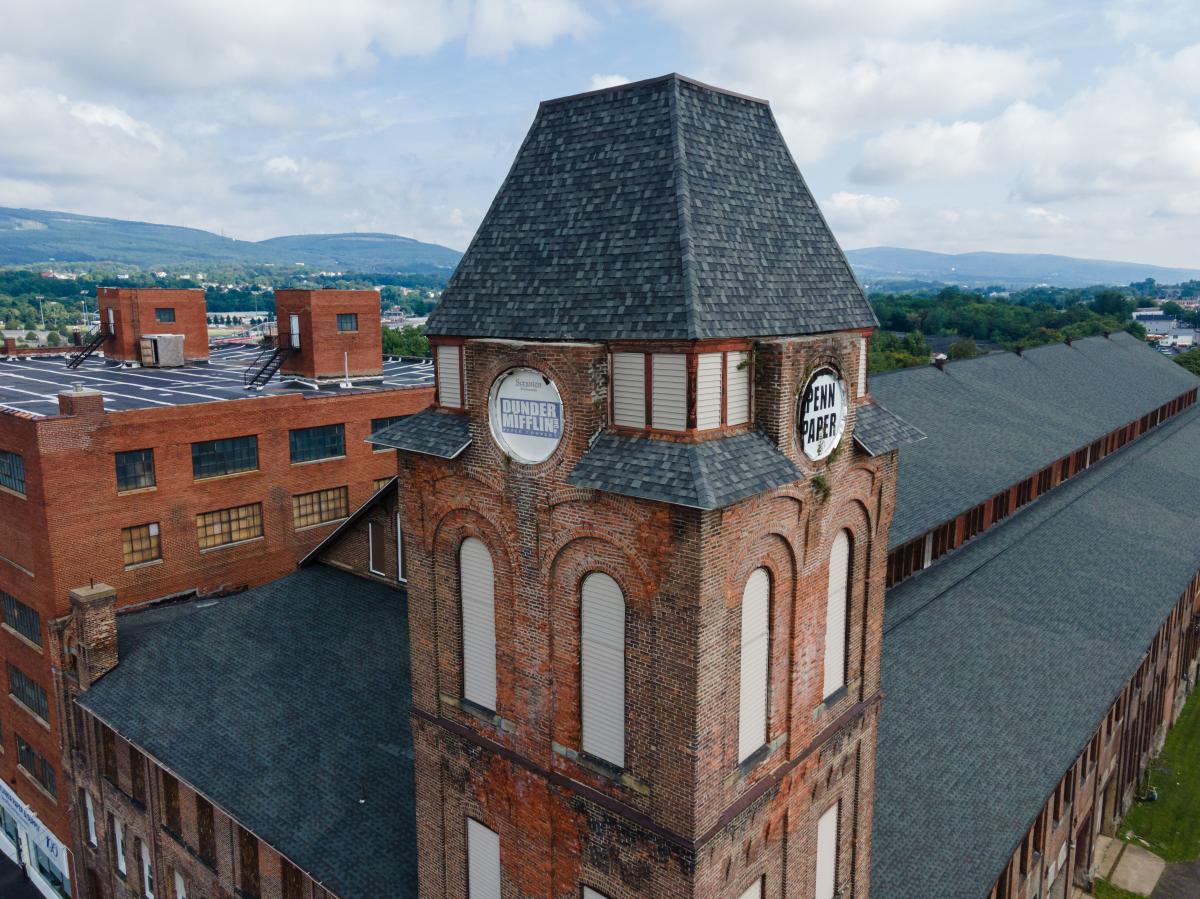 Dunder Mifflin signage on the Penn Paper tower in Scranton, PA
