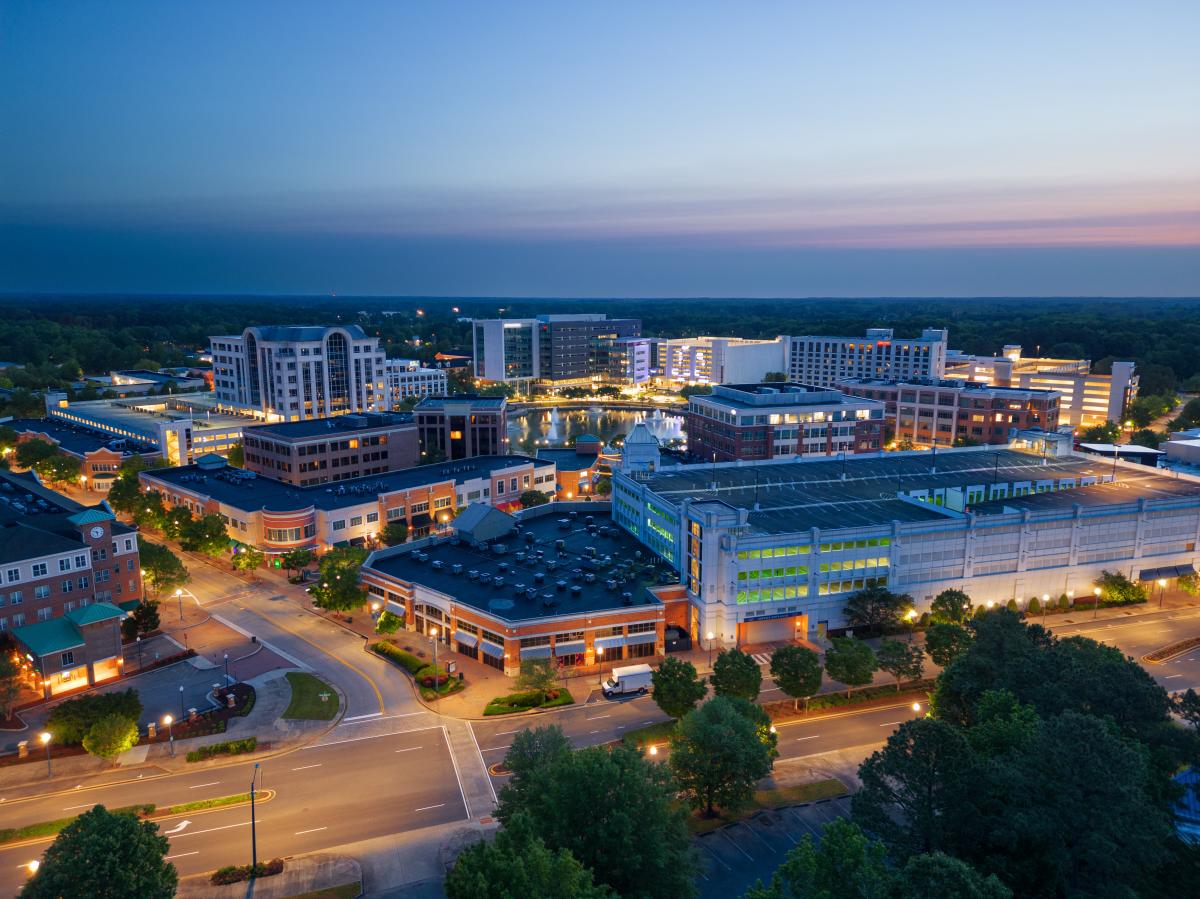 Drone shot of City Center at dusk