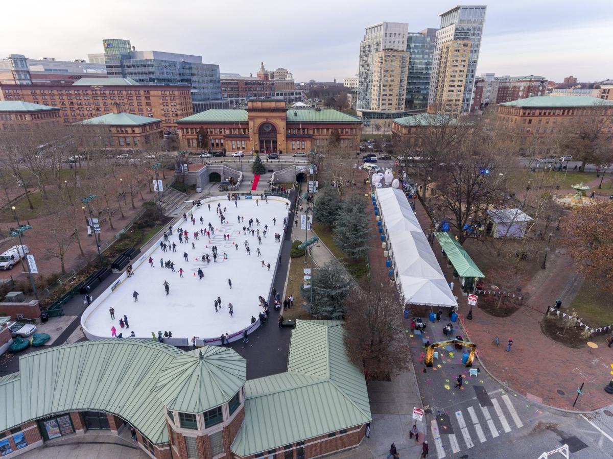 Aerial photo of the winter lights market including ice skating rink
