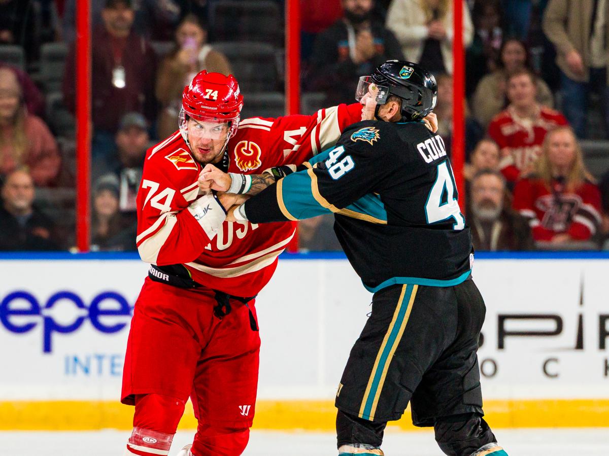 Two ice hockey players grapple during a fight on the ice—one in a red jersey and one in a black jersey—clutching each other’s arms while fans stand and watch behind the glass in the arena.