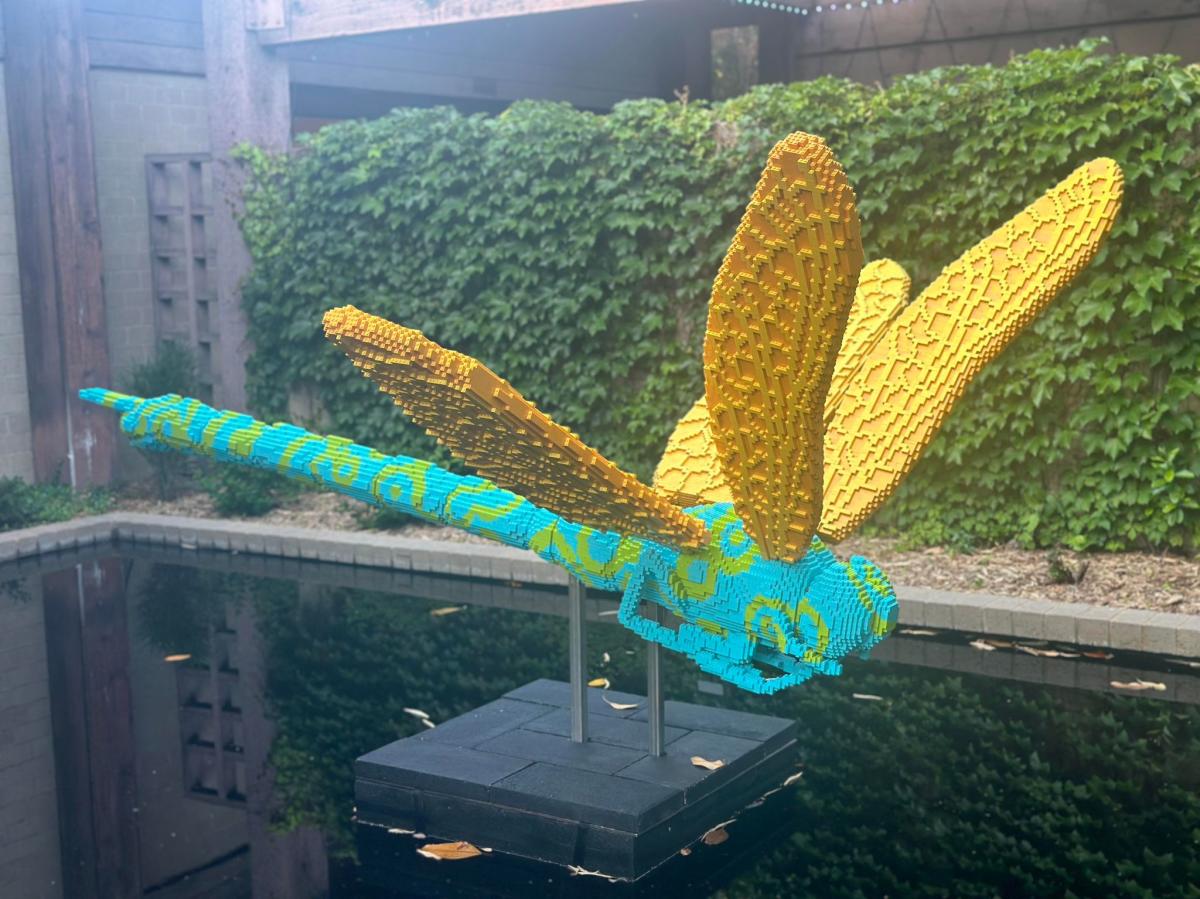 A dragonfly is created from Lego bricks at Botanica Wichita