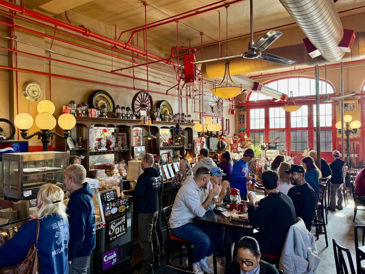 A crowd enjoys lunch at Station 8 BBQ
