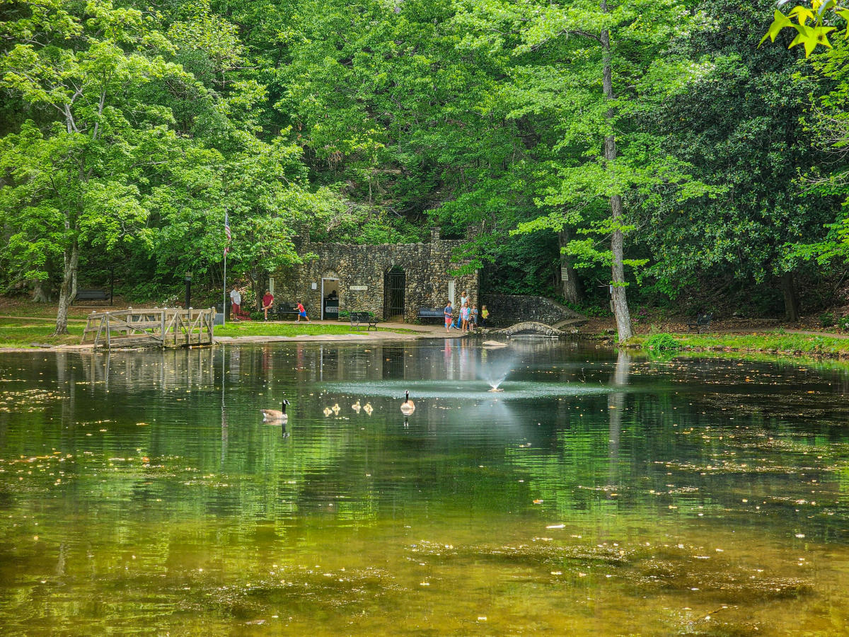 A fountain in the middle of the pond with trees in the background.