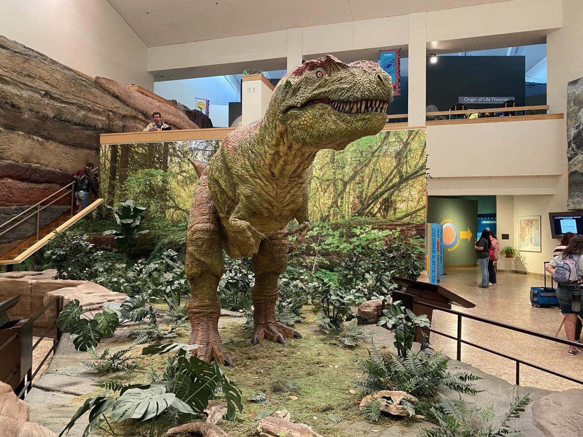 A photo of the animatronic Bisti Beast at the New Mexico Museum of Natural History and Science.