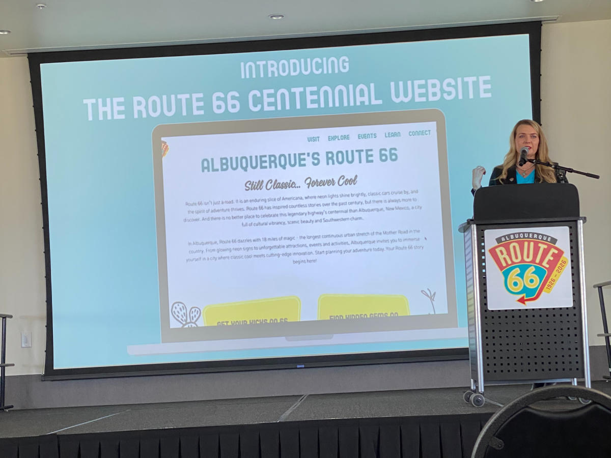 Tania Armenta speaks at a press conference unveiling the new Route 66 Centennial website.