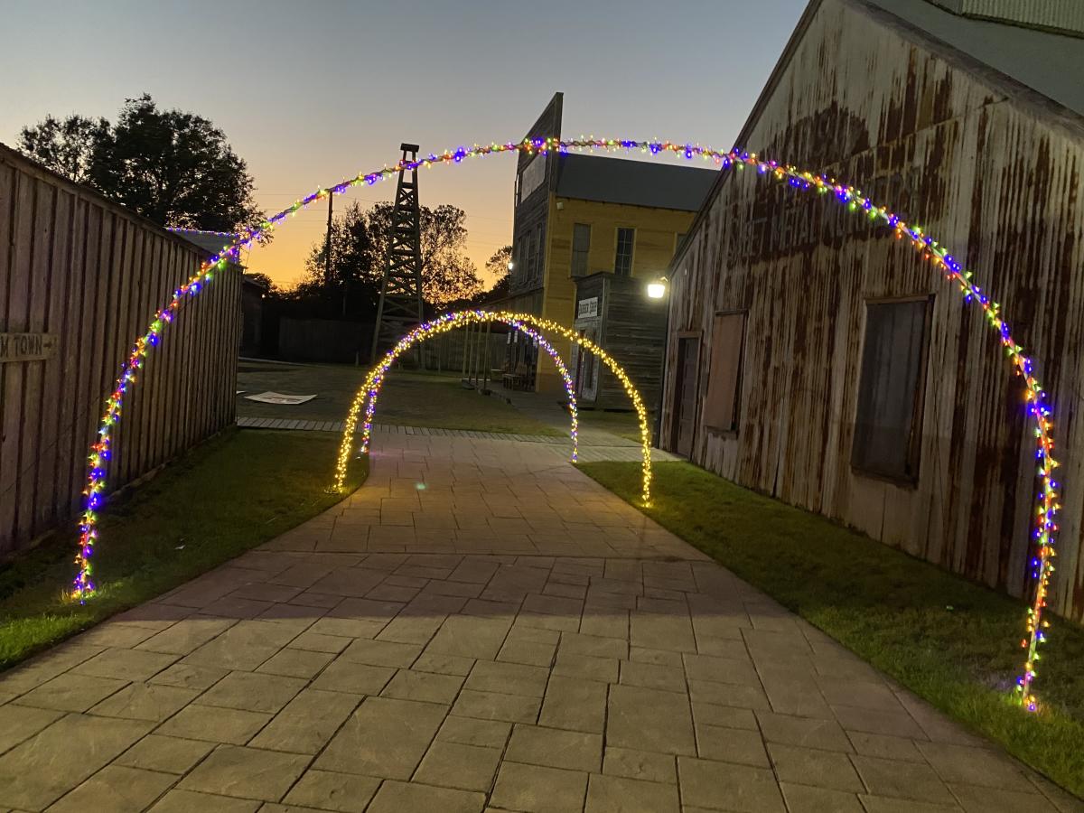 Christmas at Boomtown holiday light arches