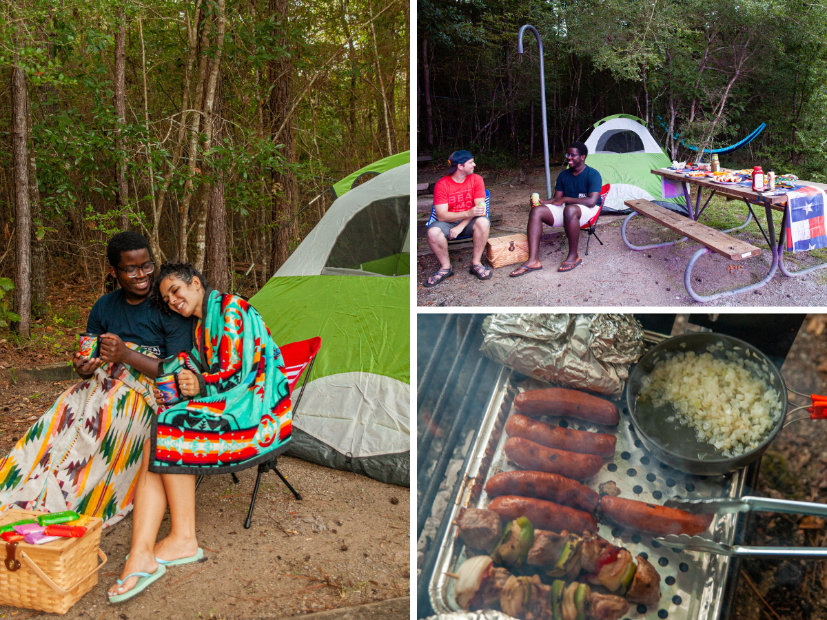 Friends enjoy drinks and food at a Village Creek State Park campsite in Beaumont, TX