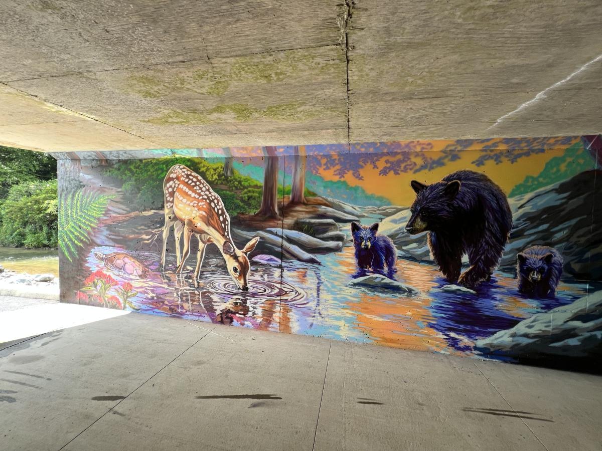 A vibrant mural depicting a deer drinking from a pond next to a swimming turtle is seen on a tunnel wall.