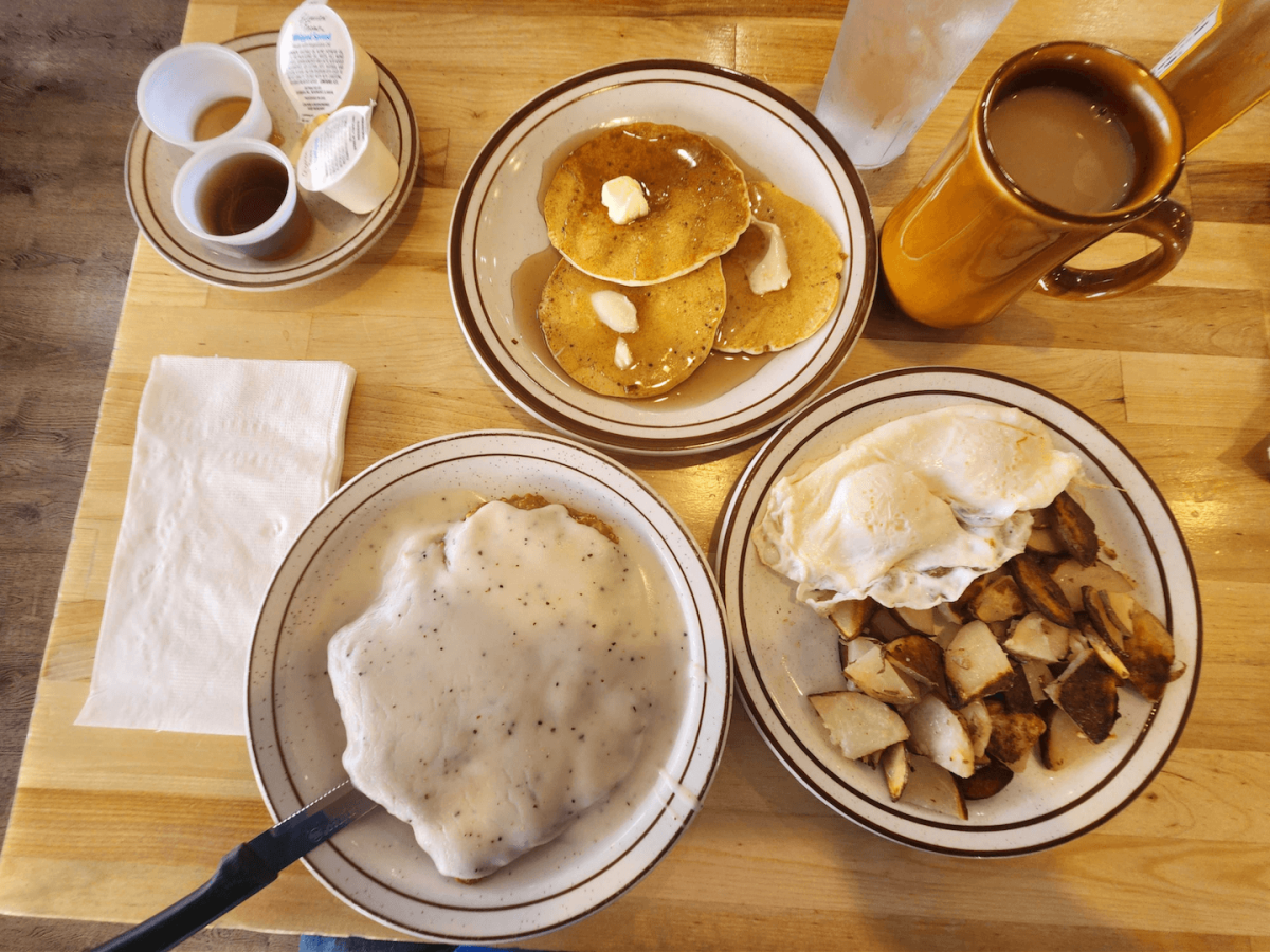 A delicious breakfast with biscuits and gravy at Down Home Diner, a fun local breakfast spot in Cheyenne.