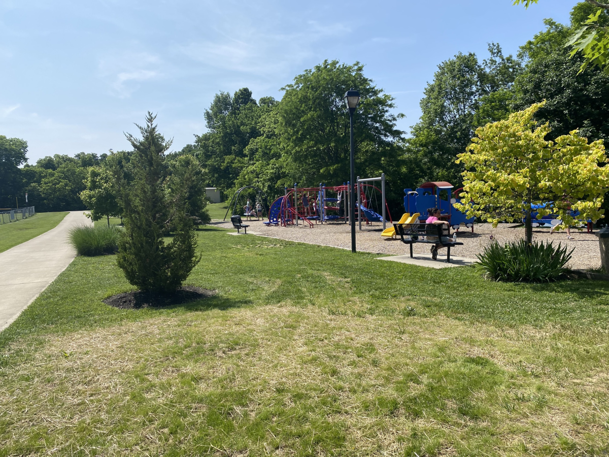 Image of the playground at Alexandria Community Park on a sunny day with kids playing.