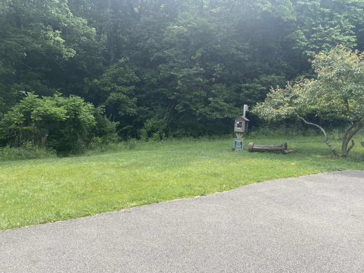 Image is of the parking spot and entrance to the Highland Cemetery Trail with mailbox coming out of the trees.