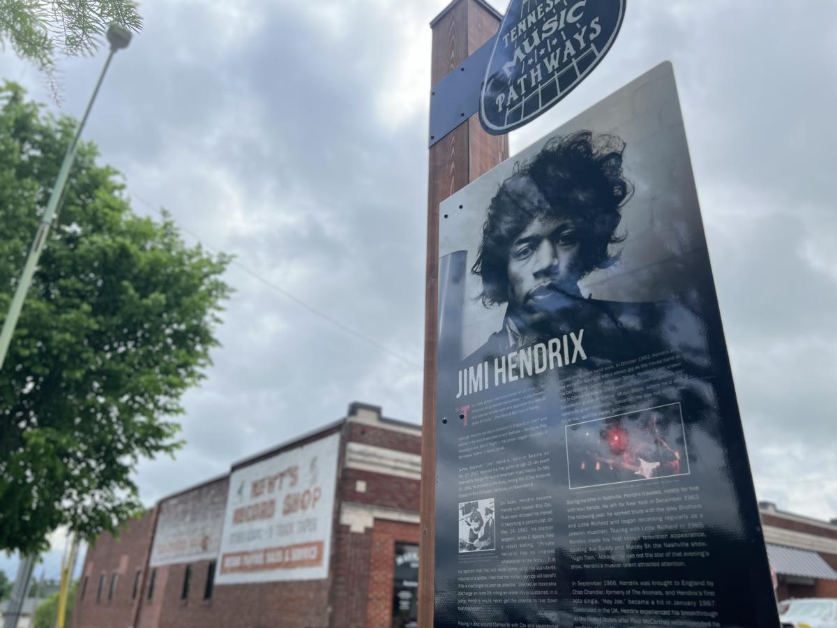 sign of Jimi Hendirx in front of an historic music store