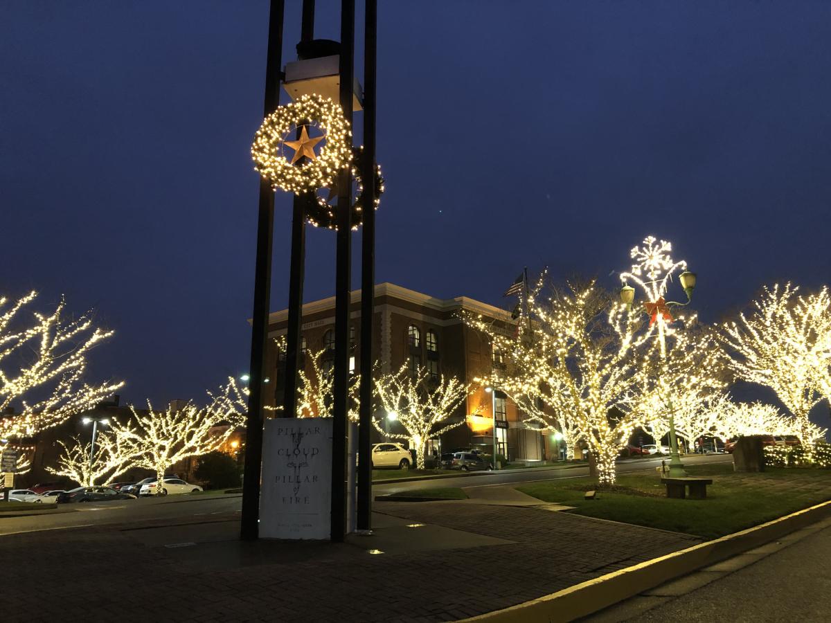 city square with Christmas lights