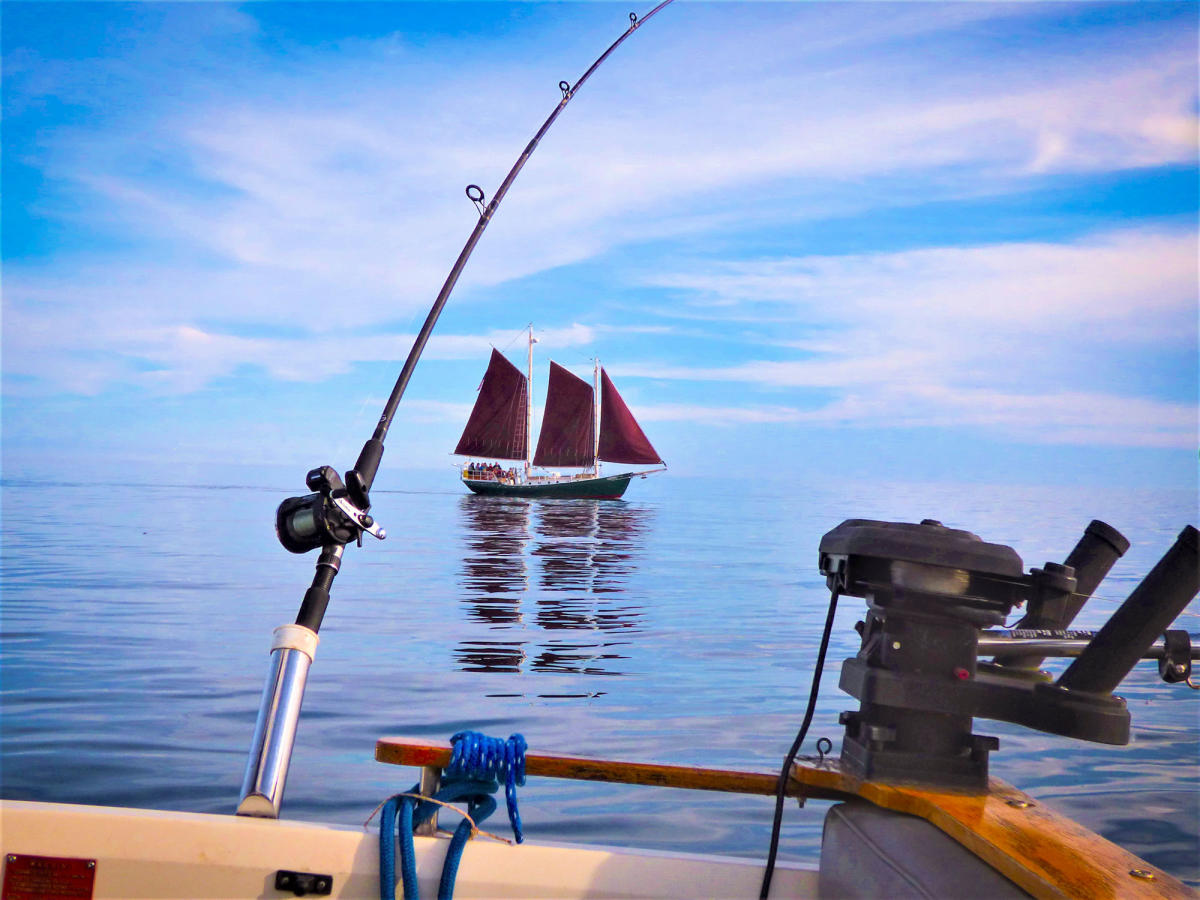 Back of fishing boat and the Hjordis on Lake Superior