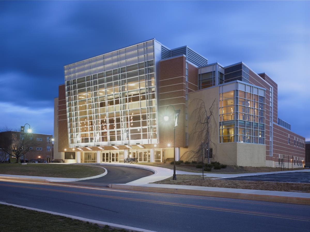 Exterior of the Luhrs Center at twilight in Shippensburg, PA
