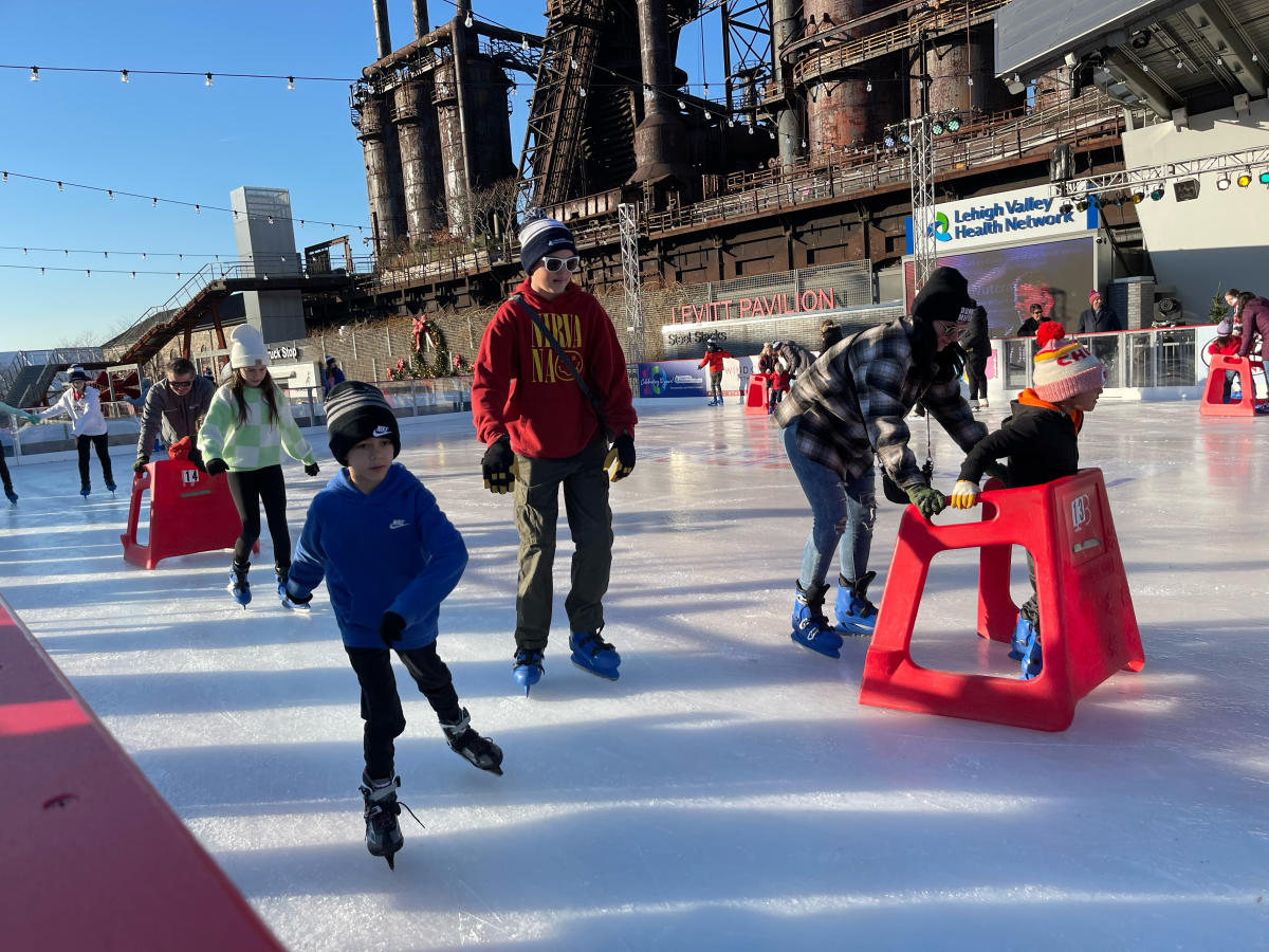 The Ice Rink at SteelStacks, presented by Lehigh Valley Reilly Children’s Hospital, an authentic ice rink constructed on the Levitt lawn in Bethlehem, Pa.