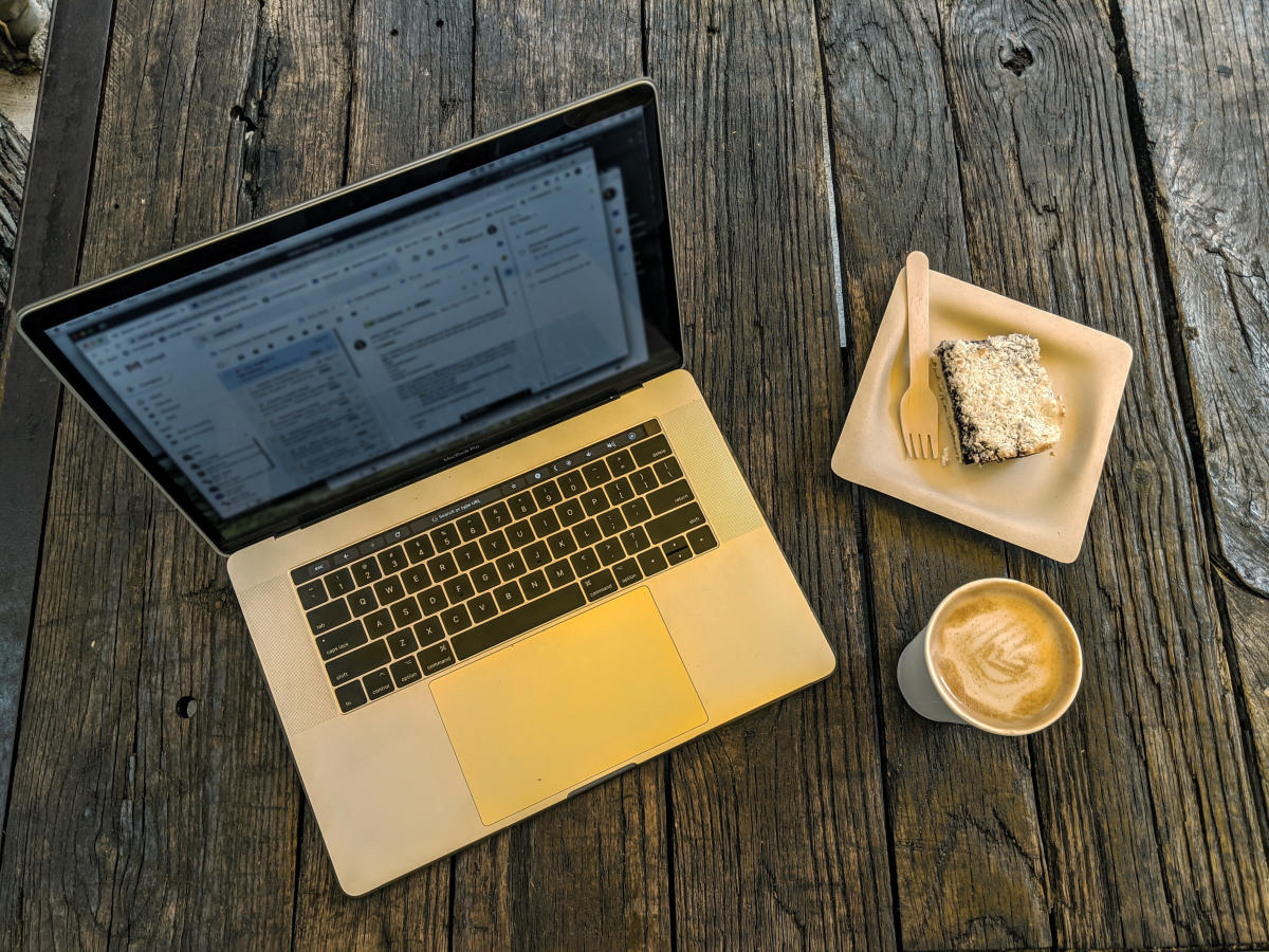 A latte, a pastry, and a laptop at Tucker Silk Mill in Easton, PA