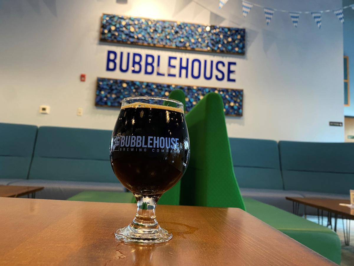 beer and background seating of Bubblehouse Brewing.
