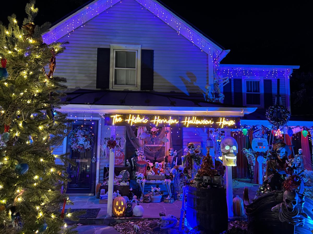 Spooky Halloween decorations on a Herndon home