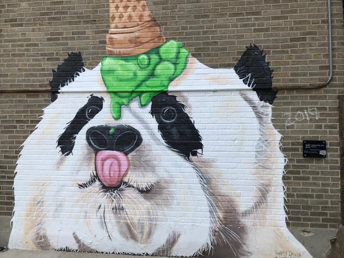 Panda mural with accompanying QR code in downtown Fort Wayne, Indiana.
