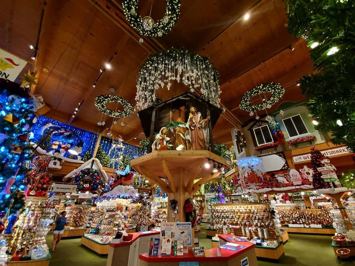 A view from the ground looking up toward the ceiling at Christmas decorations covering the world's largest Christmas store, Bronner's CHRISTmas Wonderland in Frankenmuth