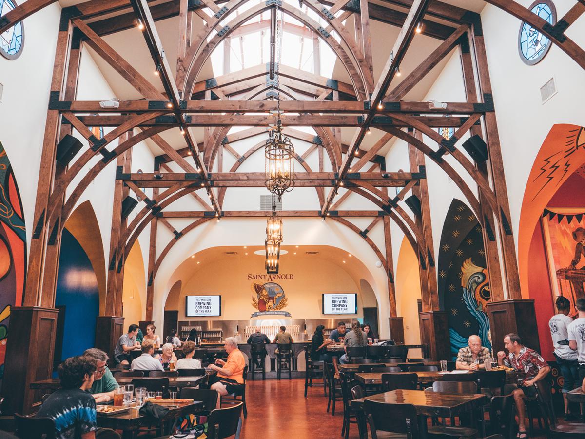 Saint Arnold Brewing Company Beer Garden Interior chapel-style seating area