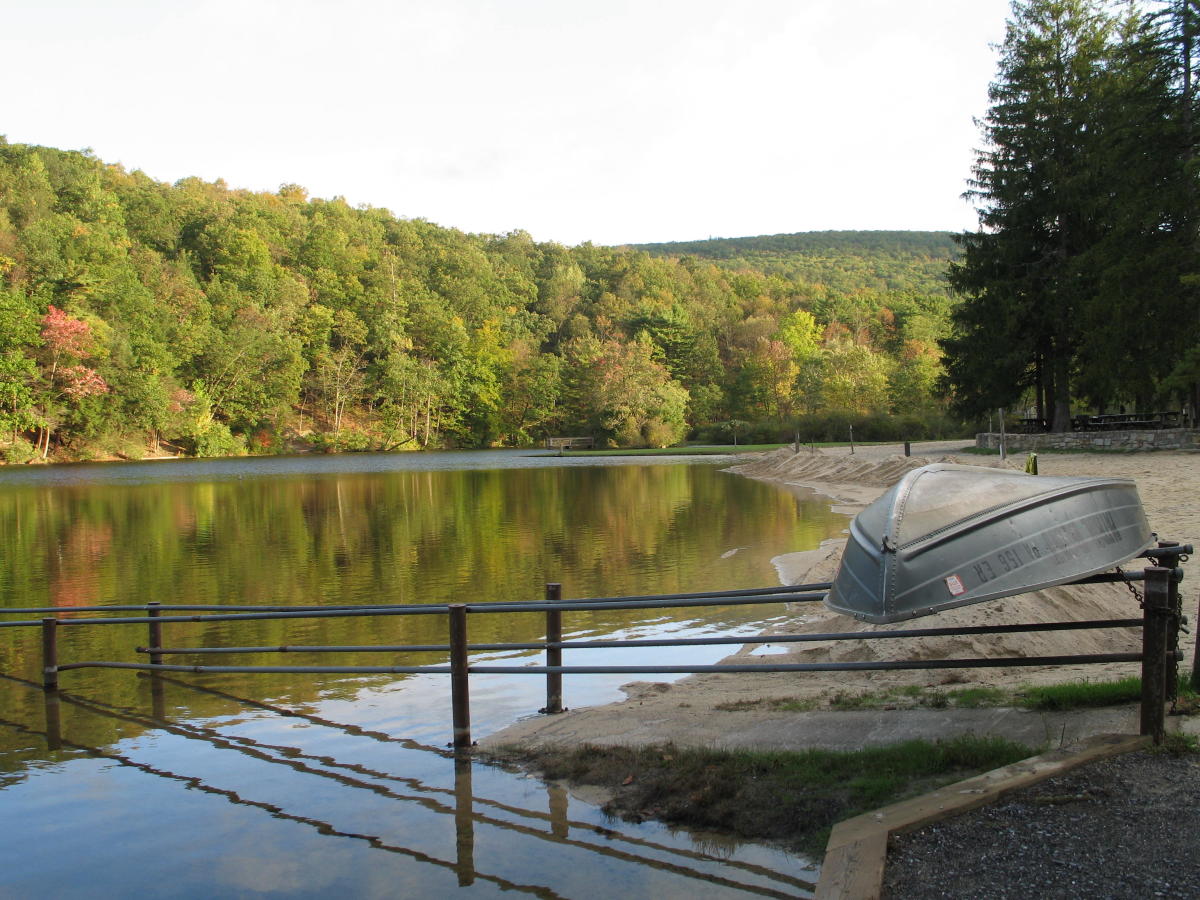 View of Greenwood Furnace State Park lake and beach
