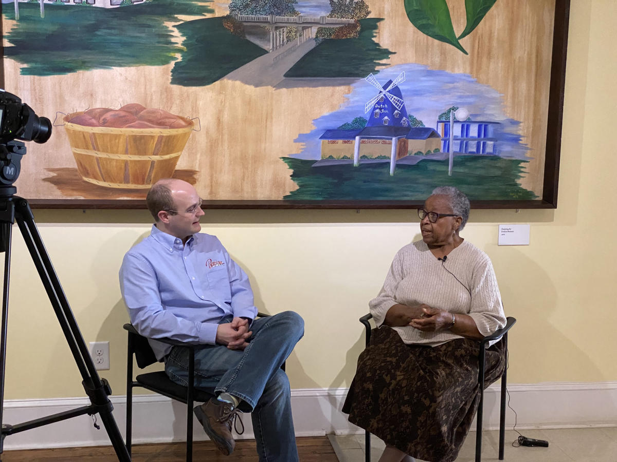 Cultural Arts Director Derrick Barefoot sitting down with this year's Black History Honoree Geneva W. Covington for an interview.