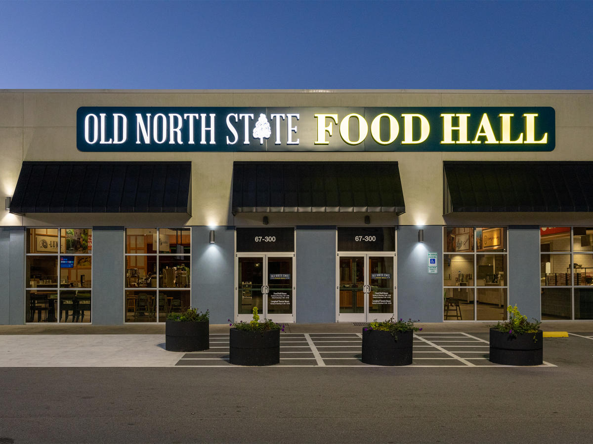Old North State Food Hall Exterior Lit Up at Night