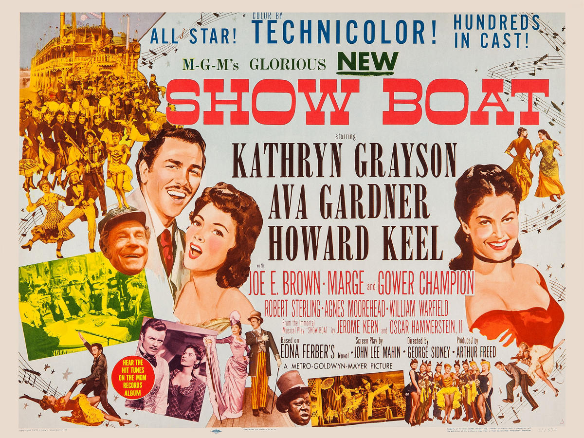 Show Boat Poster starring Ava Gardner, Kathryn Grayson, and Howard Keel.