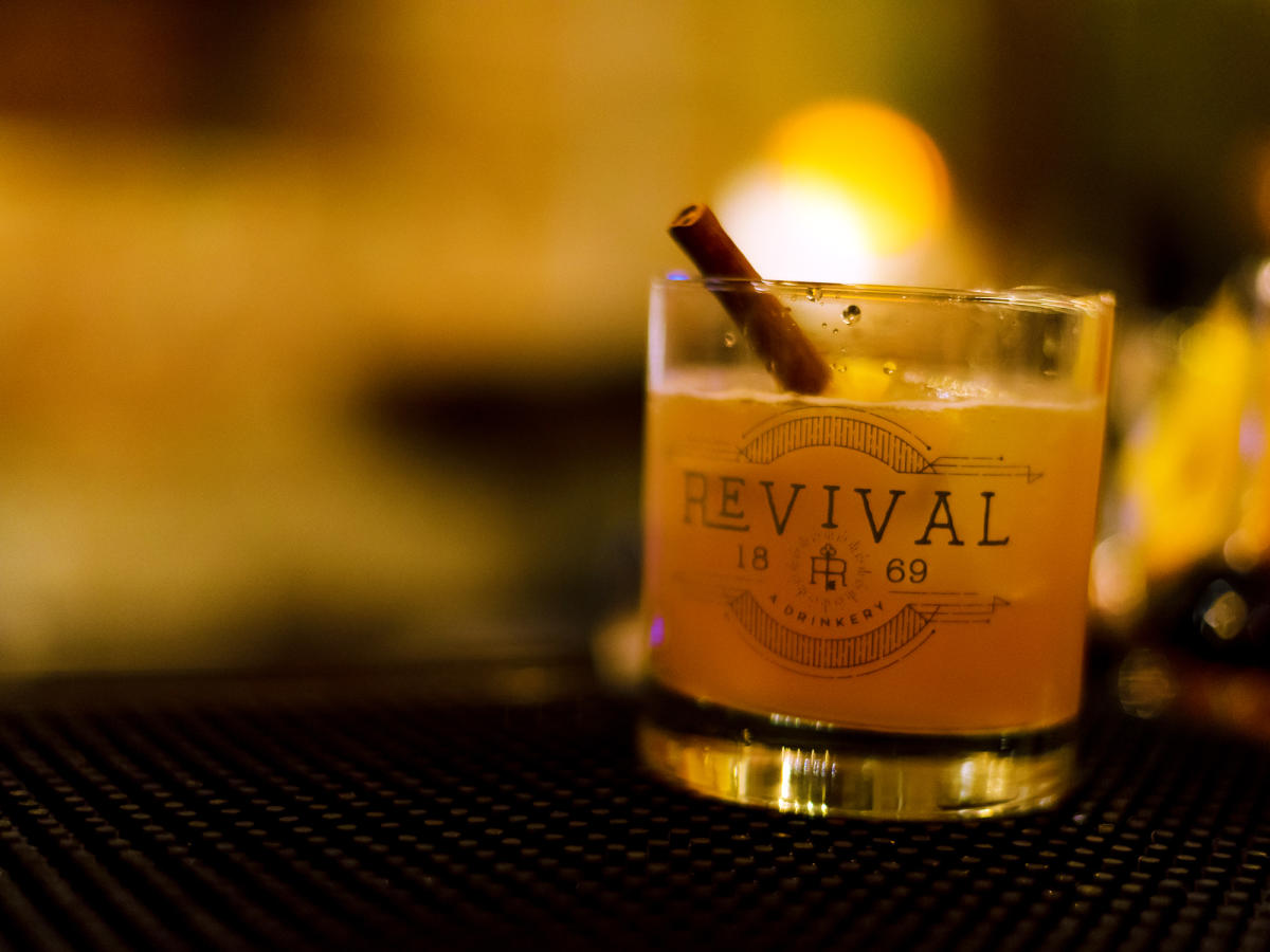 Bar full of Whiskey at Revival 1869 Drinkery in Clayton, NC.