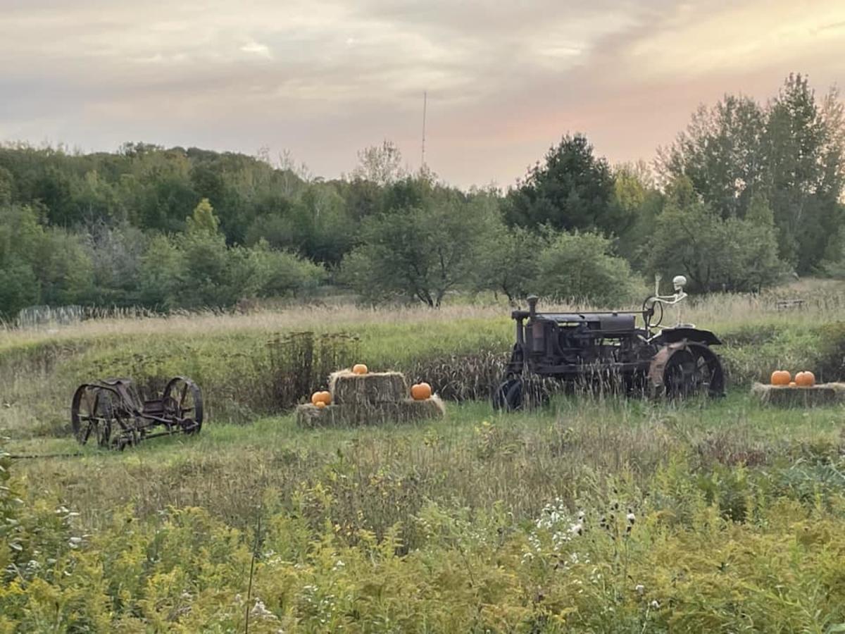 Farm equipment with fall decorations