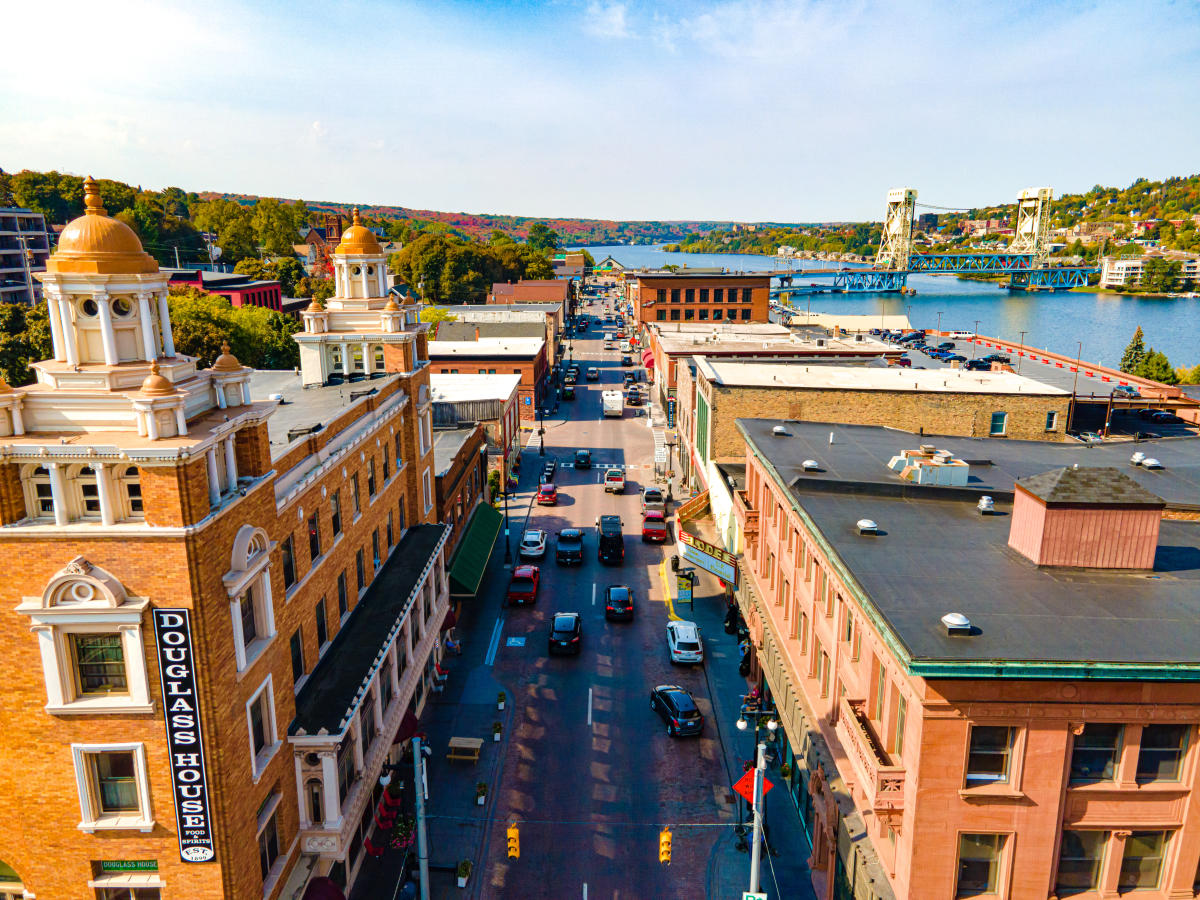 Aerial of Downtown Houghton with Bridge in Background