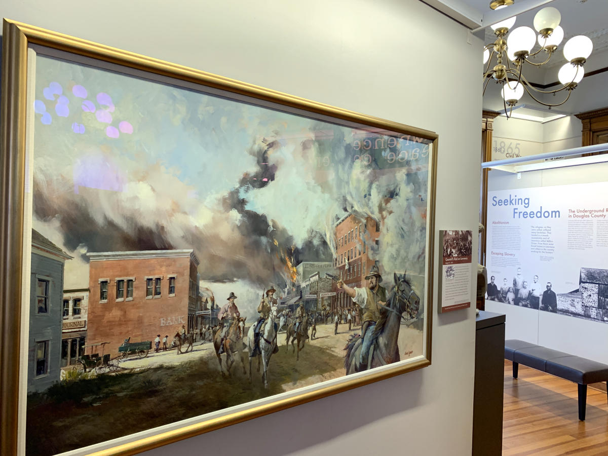 Quantrill's Raid painting at Watkins Museum of History