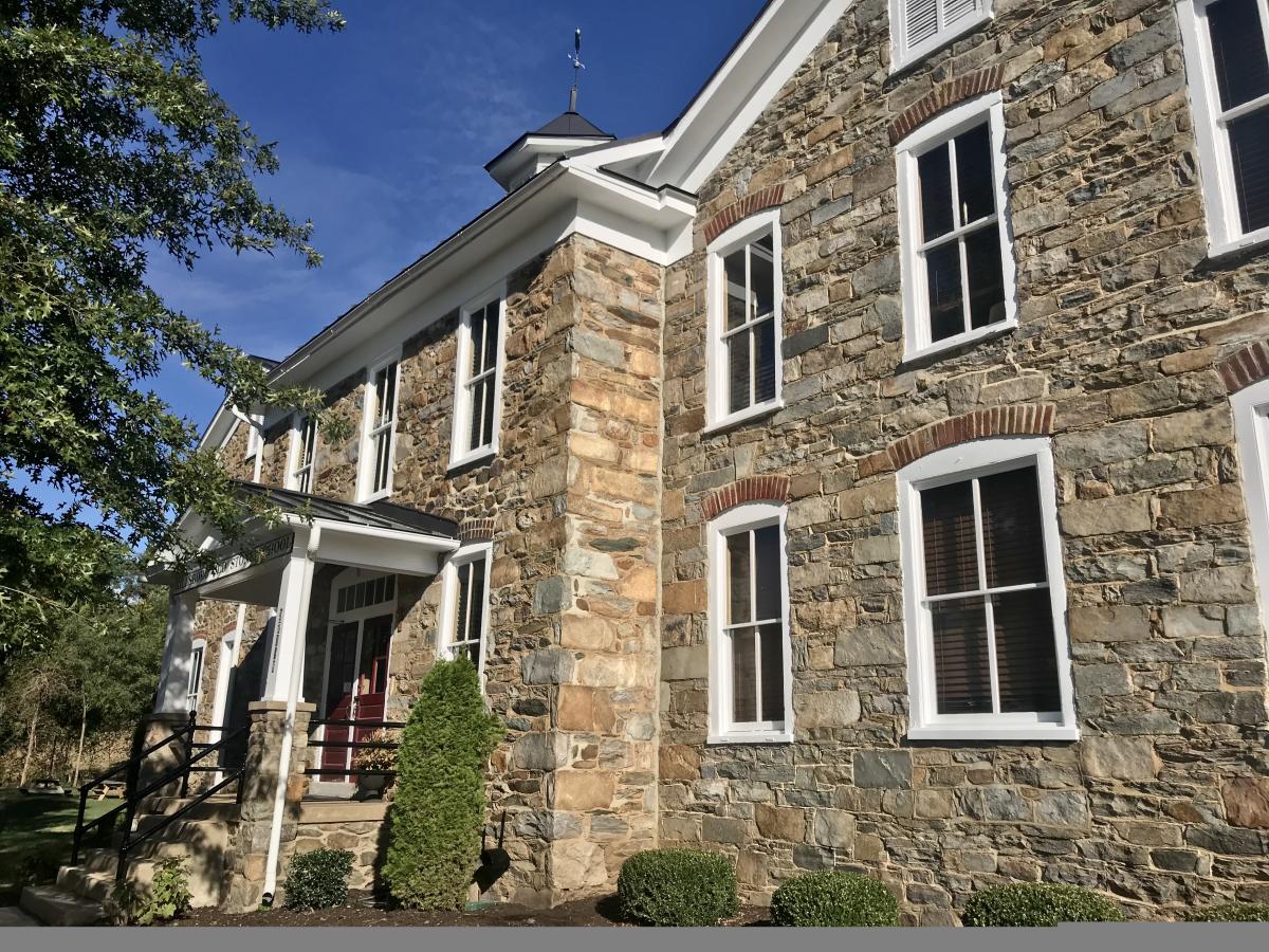 Stone exterior facade of the historic Hillsboro Old Stone School in Hillsboro, Loudoun Virginia