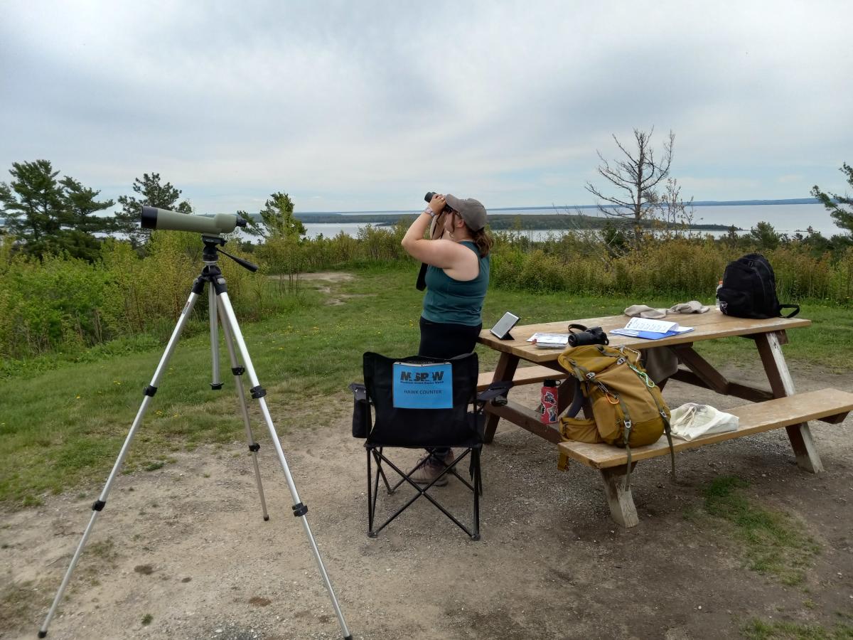 A Mackinac Straits Raptor Watch bird counter uses a spotting scope to scan the skies above Mackinac Island’s Fort Holmes