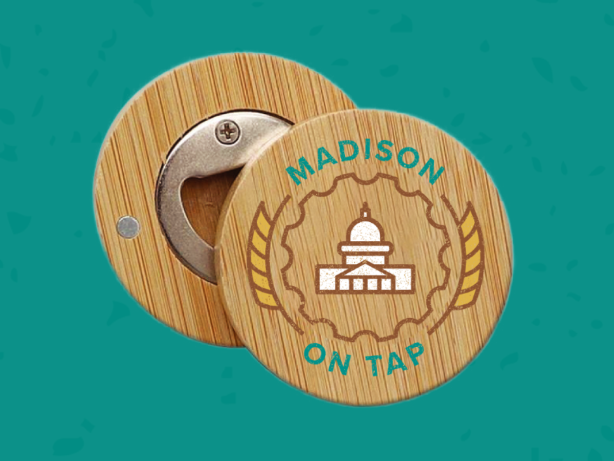 An image of a coaster / bottle opener with the Madison on Tap logo.