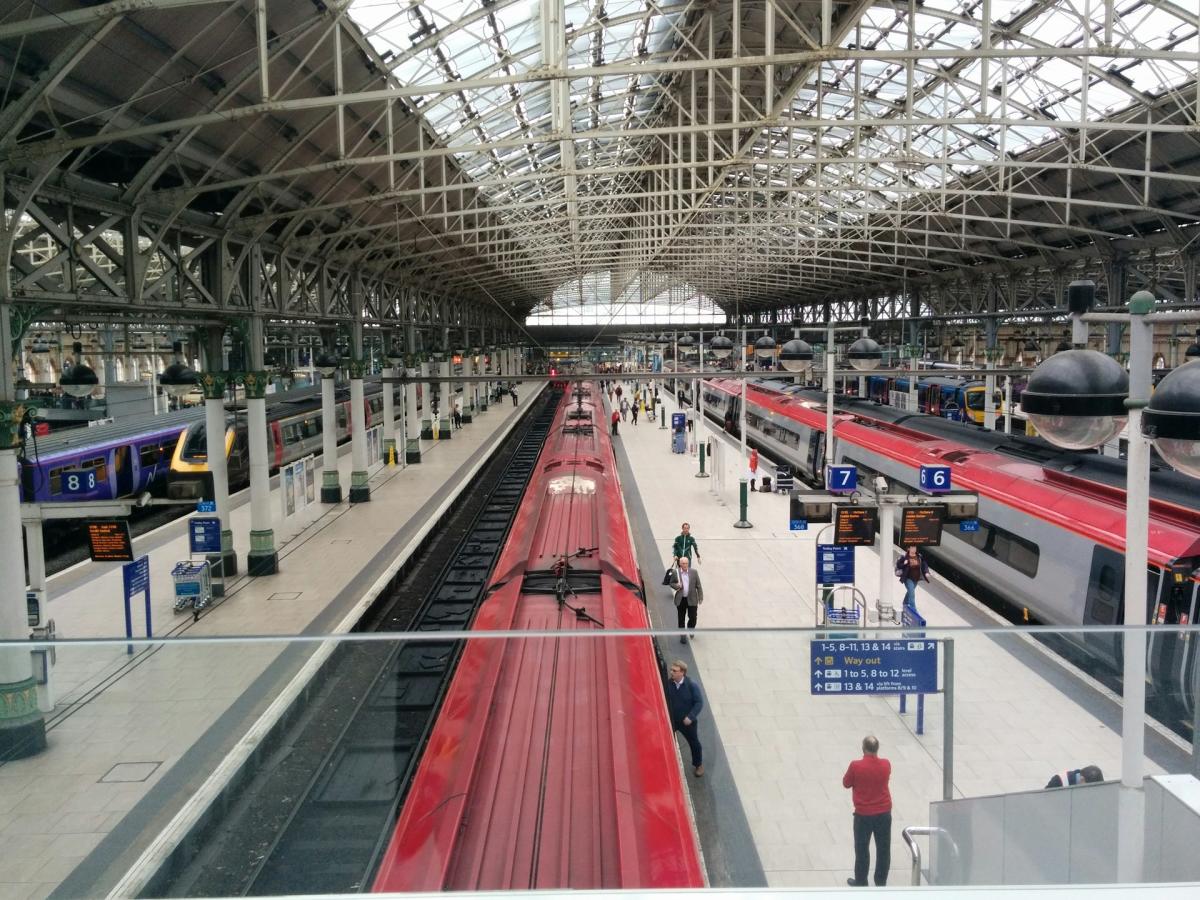 Aerial view of trains in Manchester Piccadilly Station