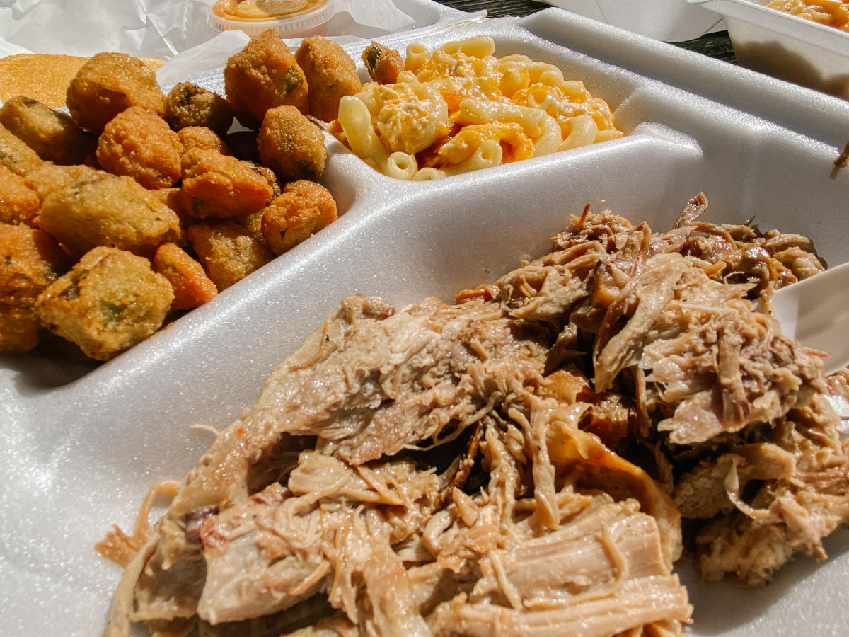 Plate of bbq pork, fried okra and macaroni and cheese from Ms. Stella's restaurant in Milledgeville