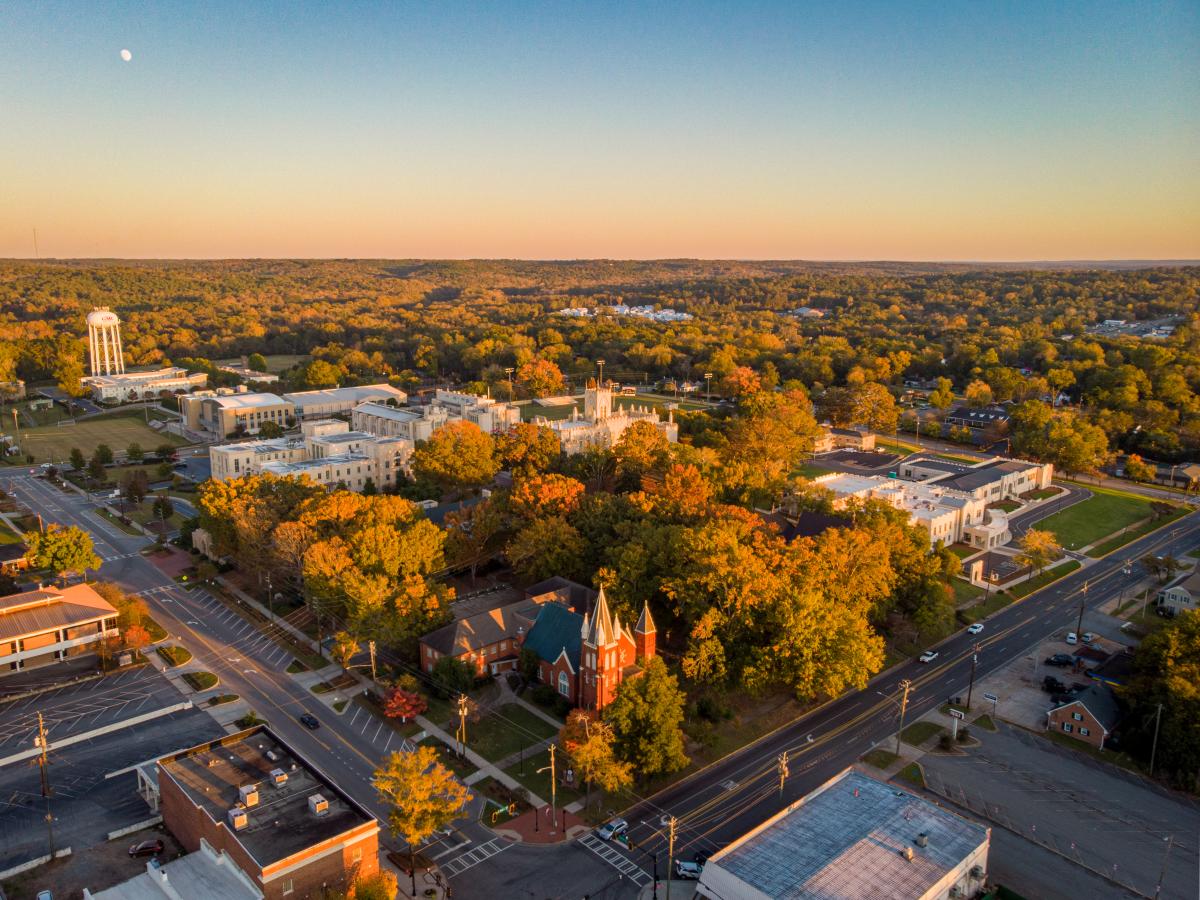 Aerial view of downtown Milledgeville, GA in fall