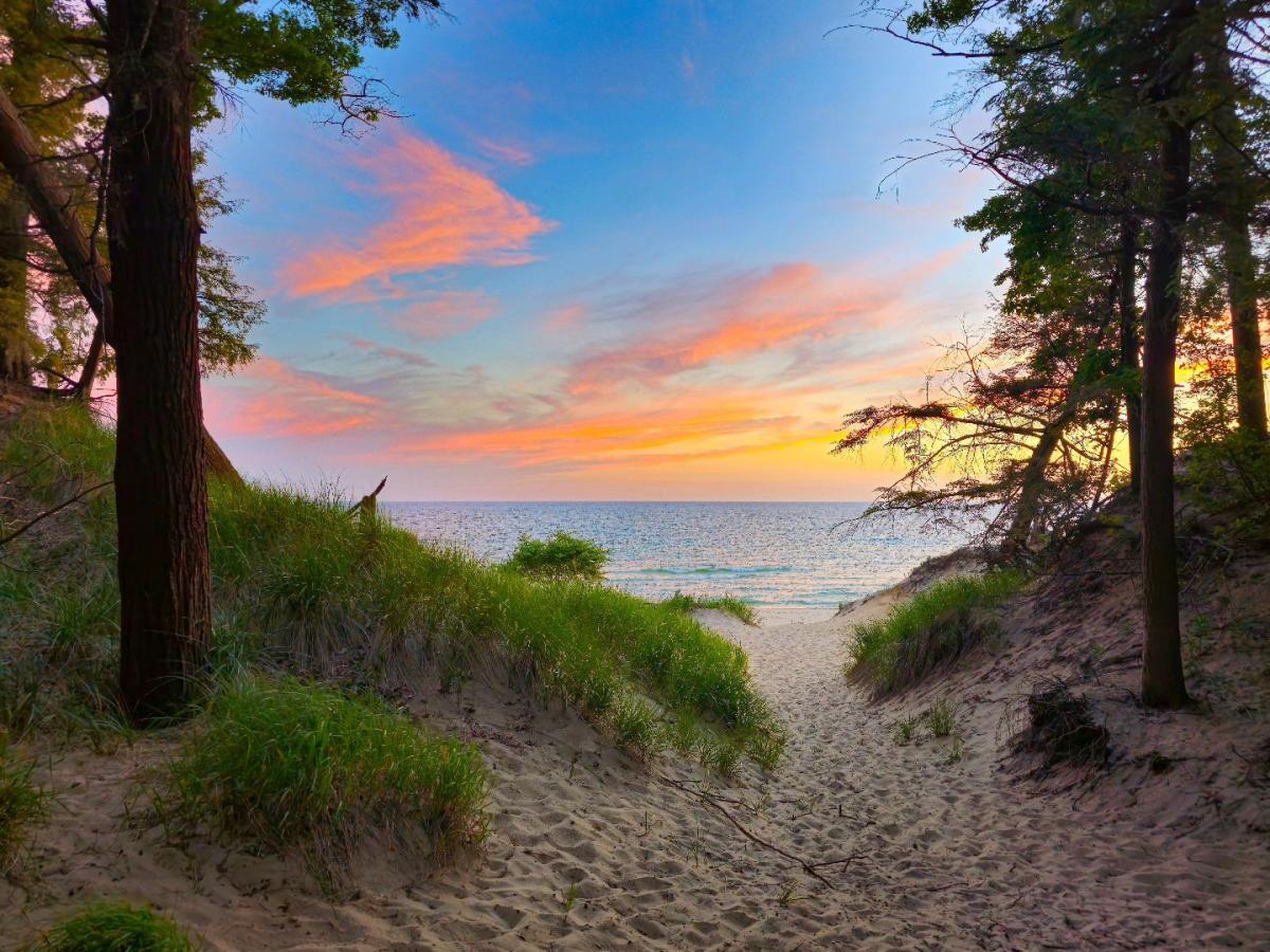 Sunset view at Lake Michigan, featuring vibrant hues of pink and blue in the sky, with a sandy path leading through grassy dunes to the water, flanked by tall trees.
