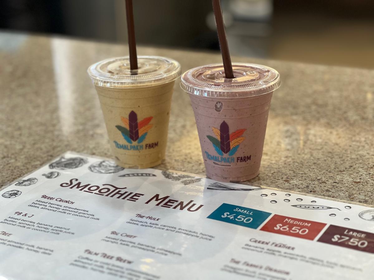 Two smoothies sit on the counter at the Smoothie Bar at Temalpakh Farm in Coachella