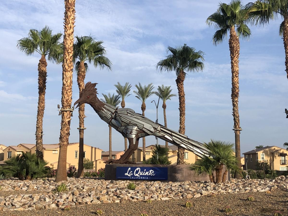 A 12-foot tall, 18-foot long sculpture of a Roadrunner made of metal plates sits at the center of a traffic circle in La Quinta.