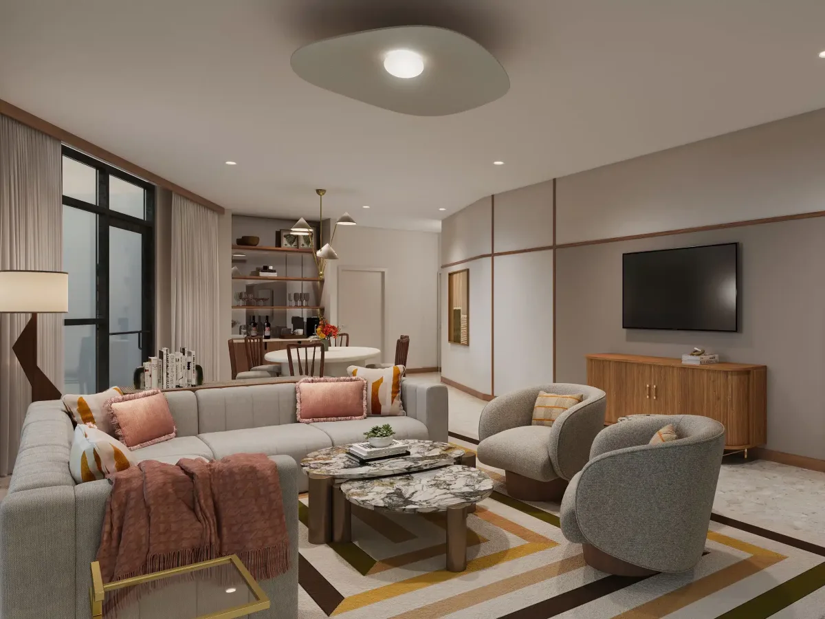 Modern living room with a sectional sofa, accent chairs, and a wooden media console. The space includes a dining area in the background and is decorated with warm lighting, throw pillows, and drapes.