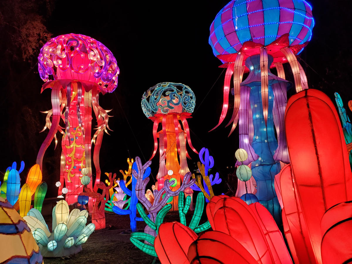 Three illuminated jellyfish Asian lanterns