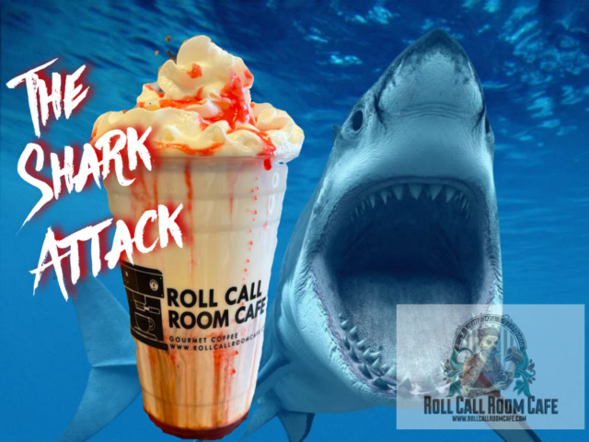 The Shark Attack Iced Coffee Drink with shark image in background