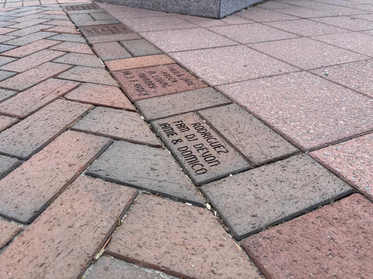 Close-up of engraved commemorative bricks set among red and gray pavers along a walkway at Main Street Square.