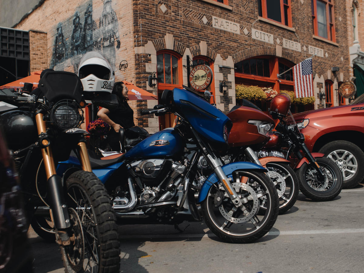Motorcycles parked outside Firehouse Brewing Co. in downtown Rapid City during Rally Week.